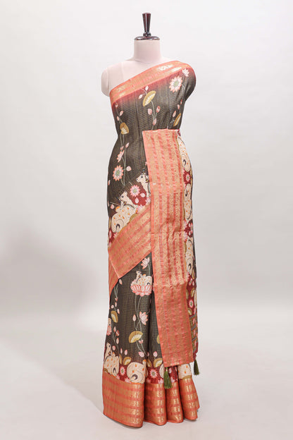 Black striped pichwai motifs dola silk saree with contrast zari border and blouse
