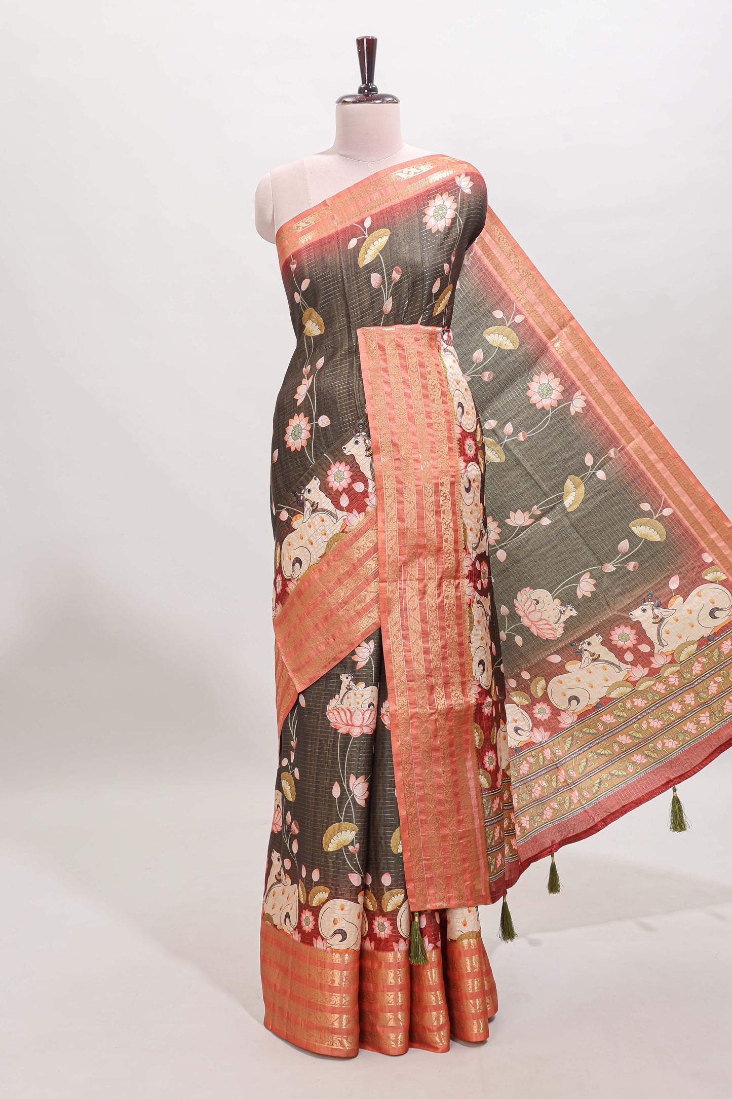 Black striped pichwai motifs dola silk saree with contrast zari border and blouse