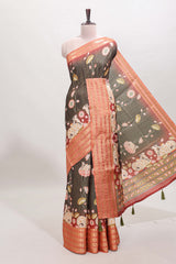 Black striped pichwai motifs dola silk saree with contrast zari border and blouse