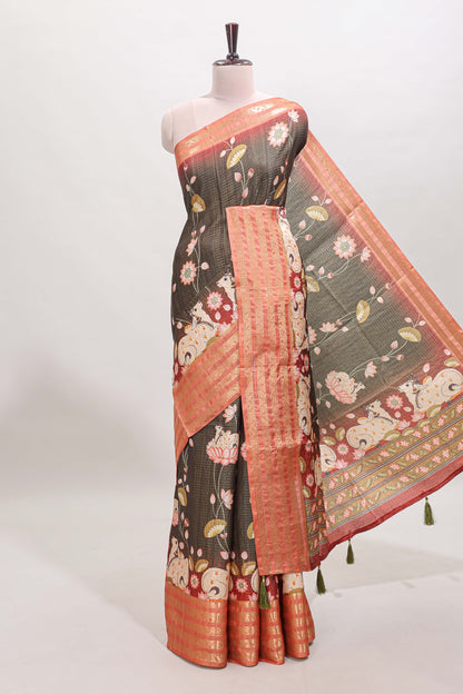 Black striped pichwai motifs dola silk saree with contrast zari border and blouse