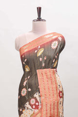 Black striped pichwai motifs dola silk saree with contrast zari border and blouse