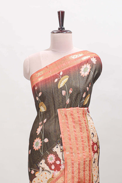 Black striped pichwai motifs dola silk saree with contrast zari border and blouse