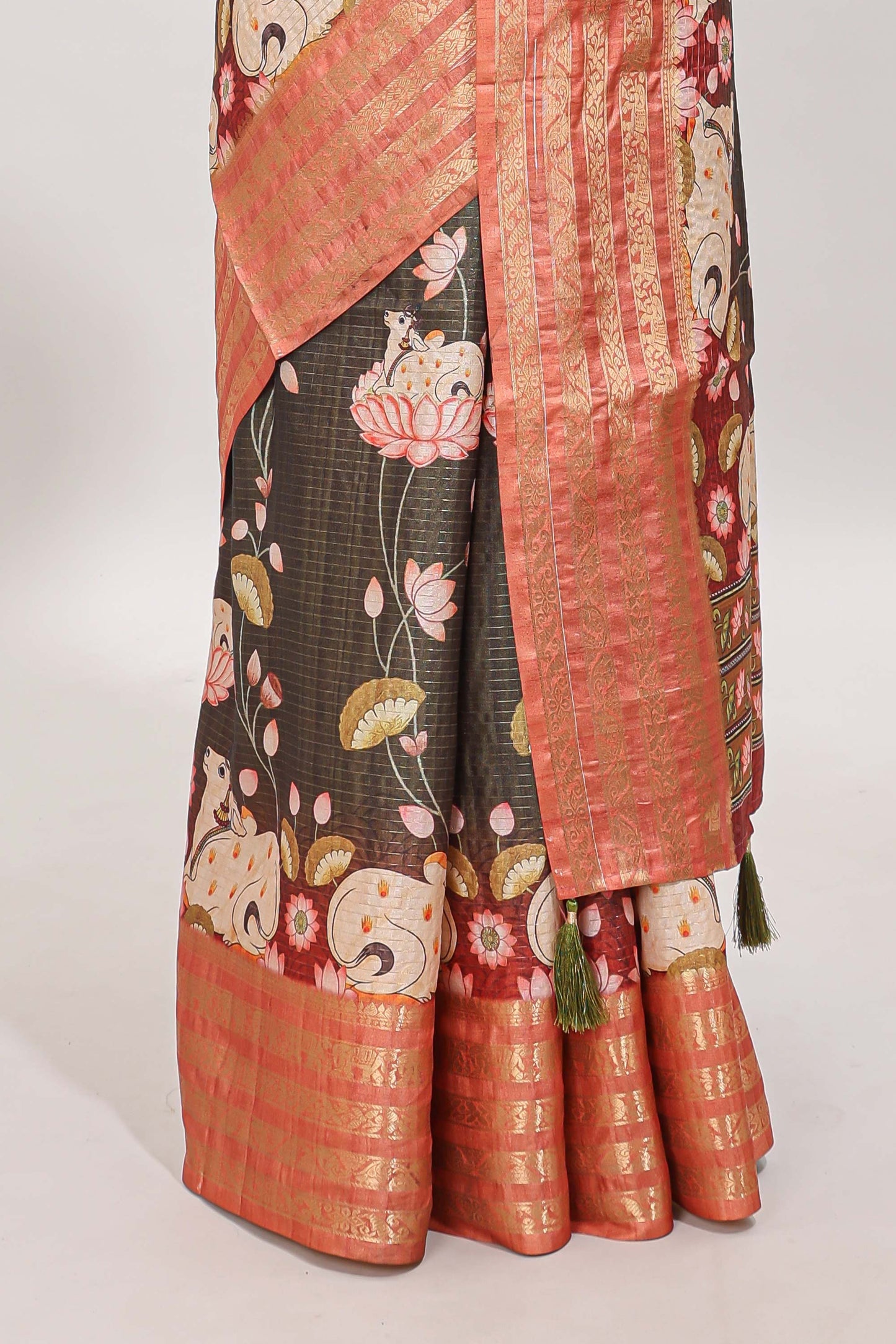 Black striped pichwai motifs dola silk saree with contrast zari border and blouse