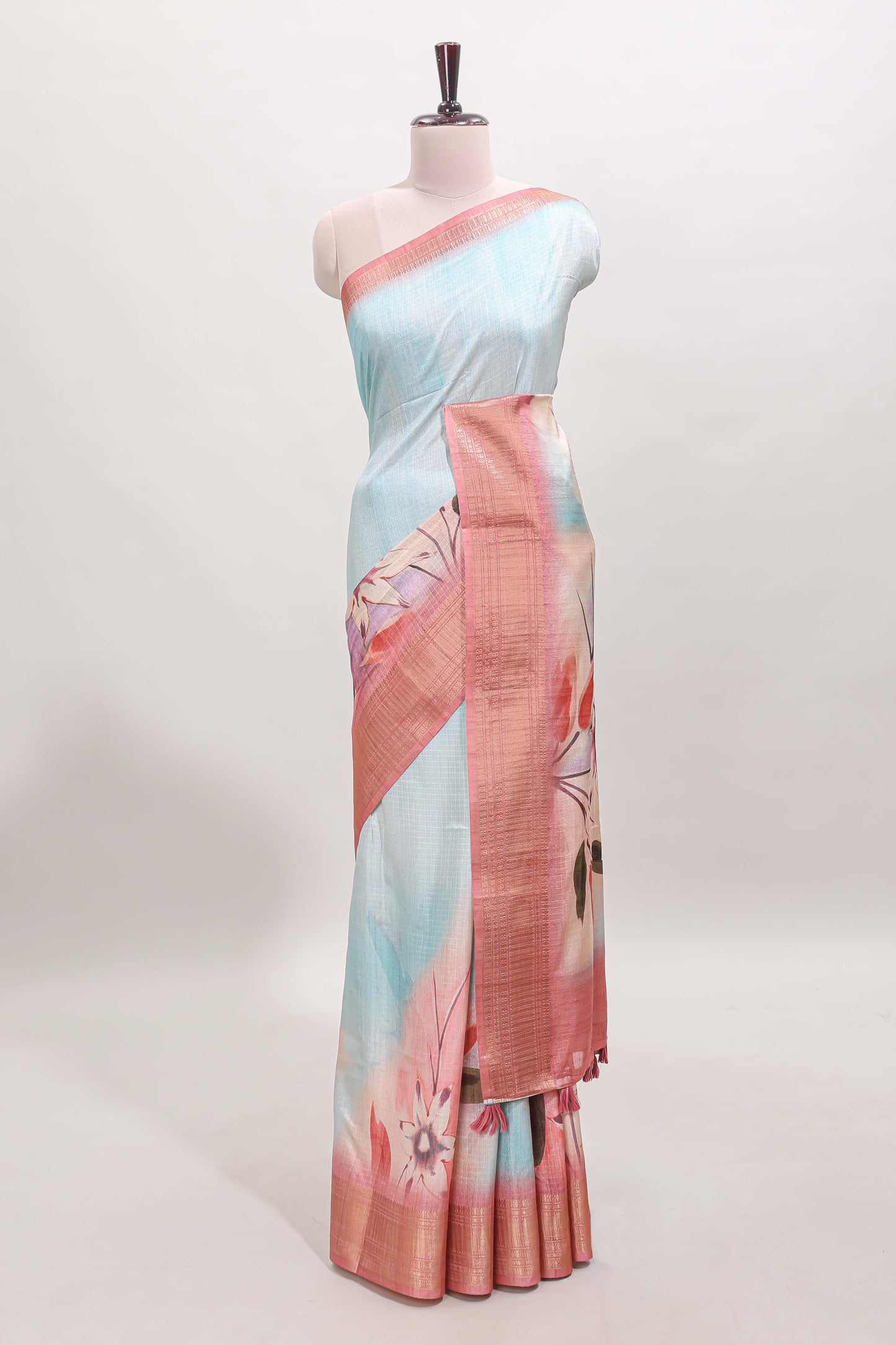 Blue checked floral design dola silk saree with contrast zari border and matching blouse
