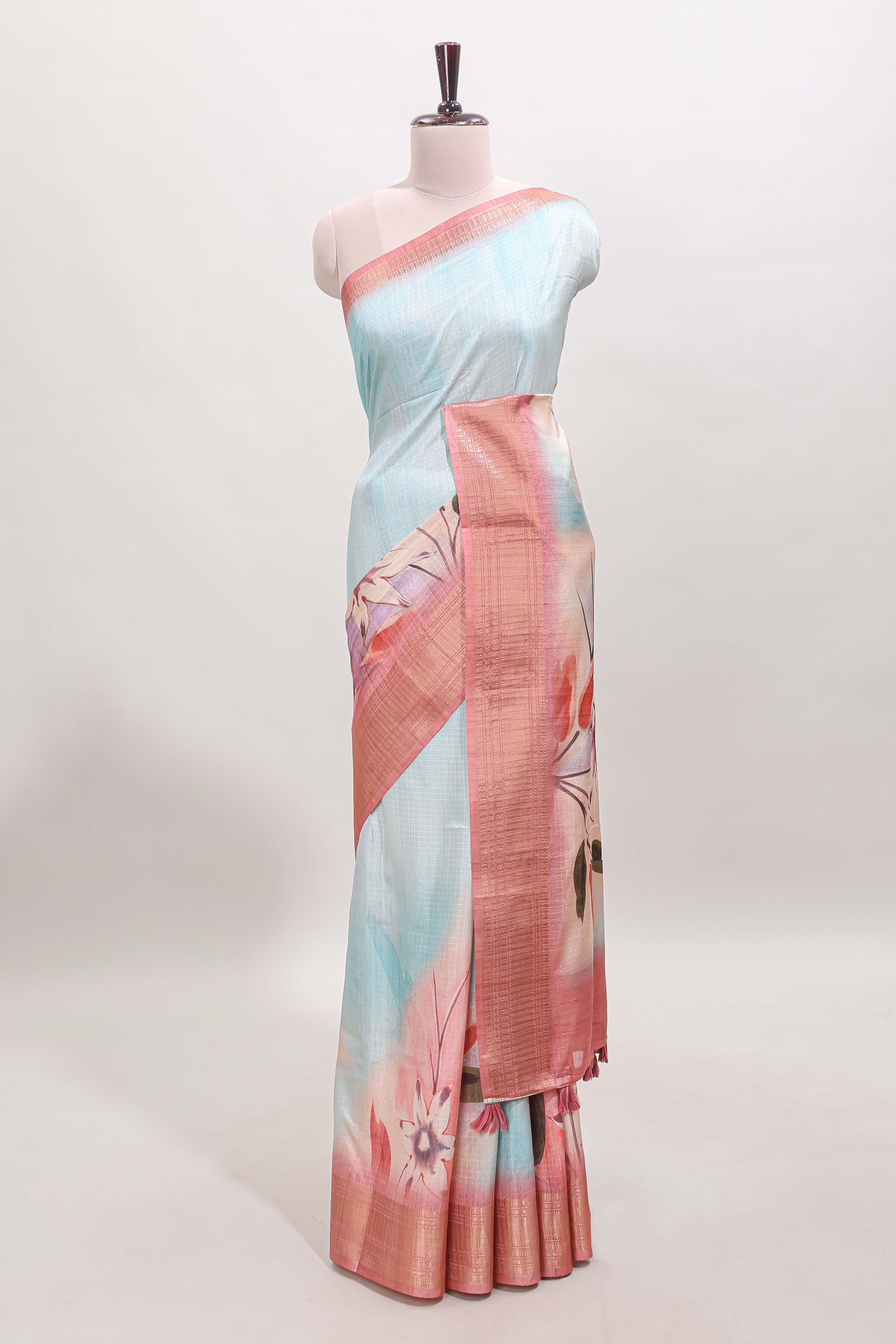 Blue checked floral design dola silk saree with contrast zari border and matching blouse