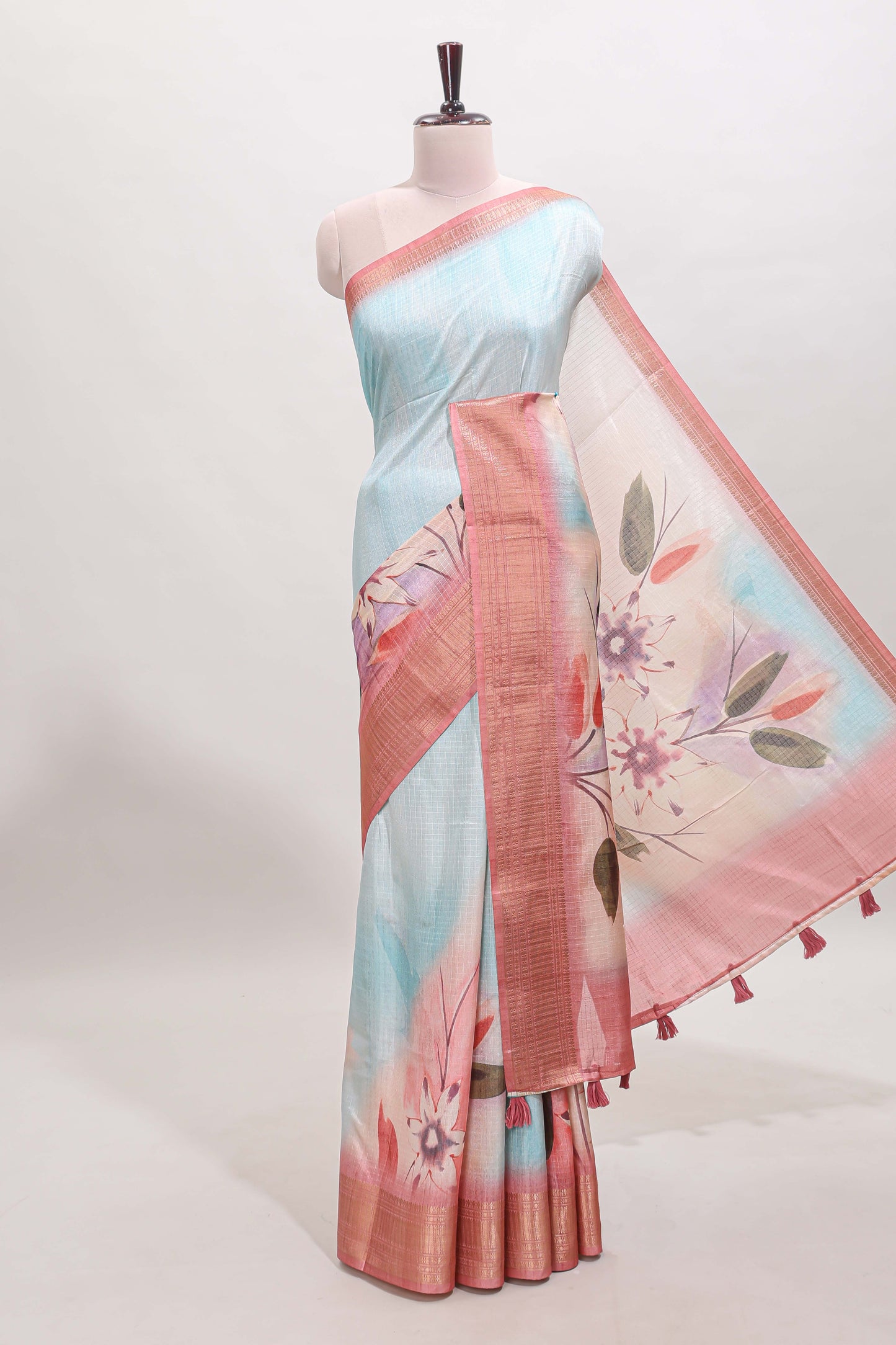 Blue checked floral design dola silk saree with contrast zari border and matching blouse