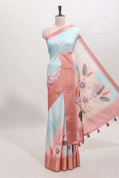 Blue checked floral design dola silk saree with contrast zari border and matching blouse