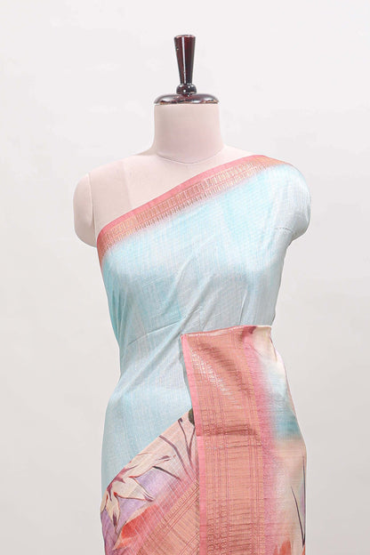 Blue checked floral design dola silk saree with contrast zari border and matching blouse