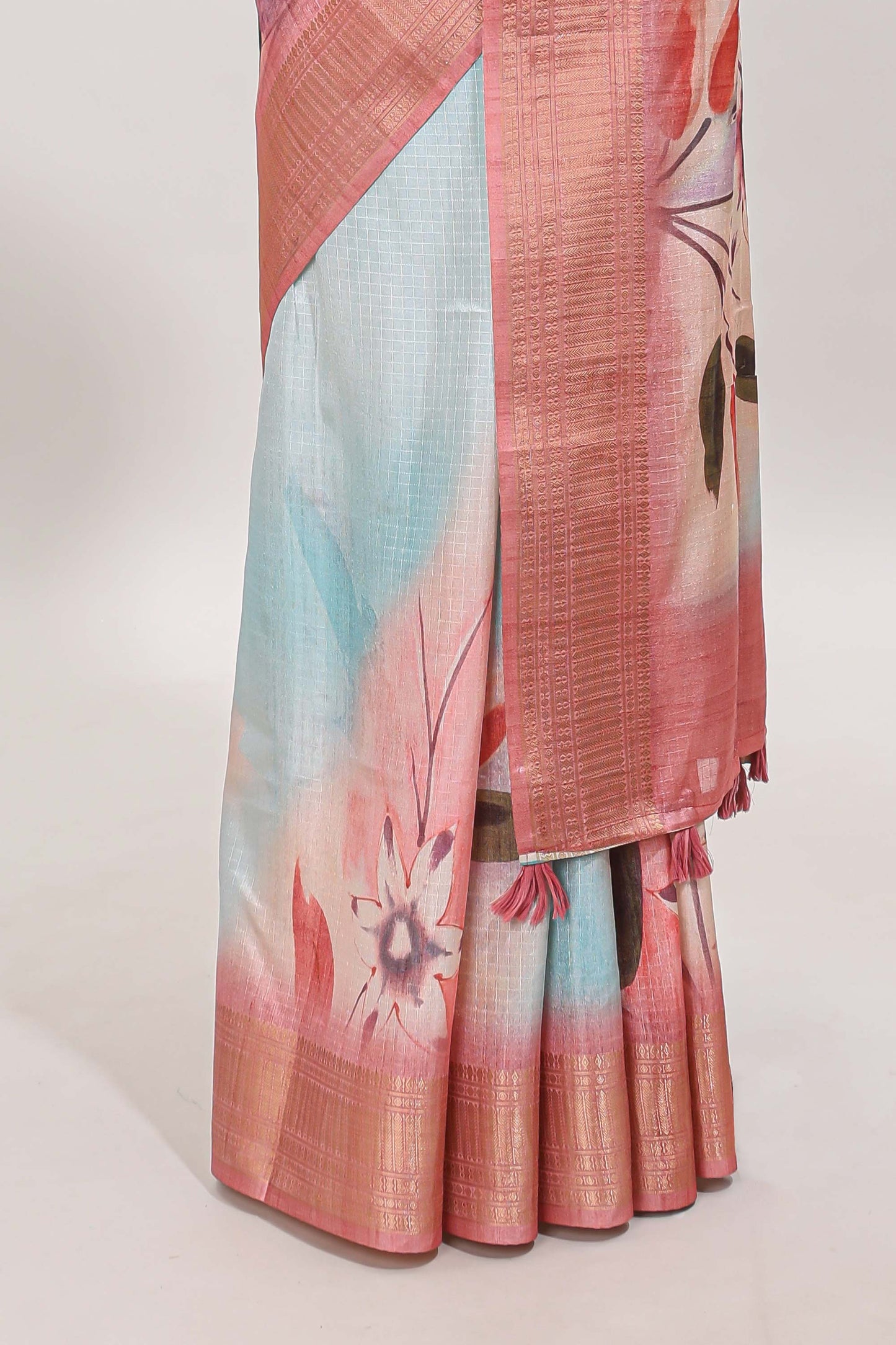 Blue checked floral design dola silk saree with contrast zari border and matching blouse