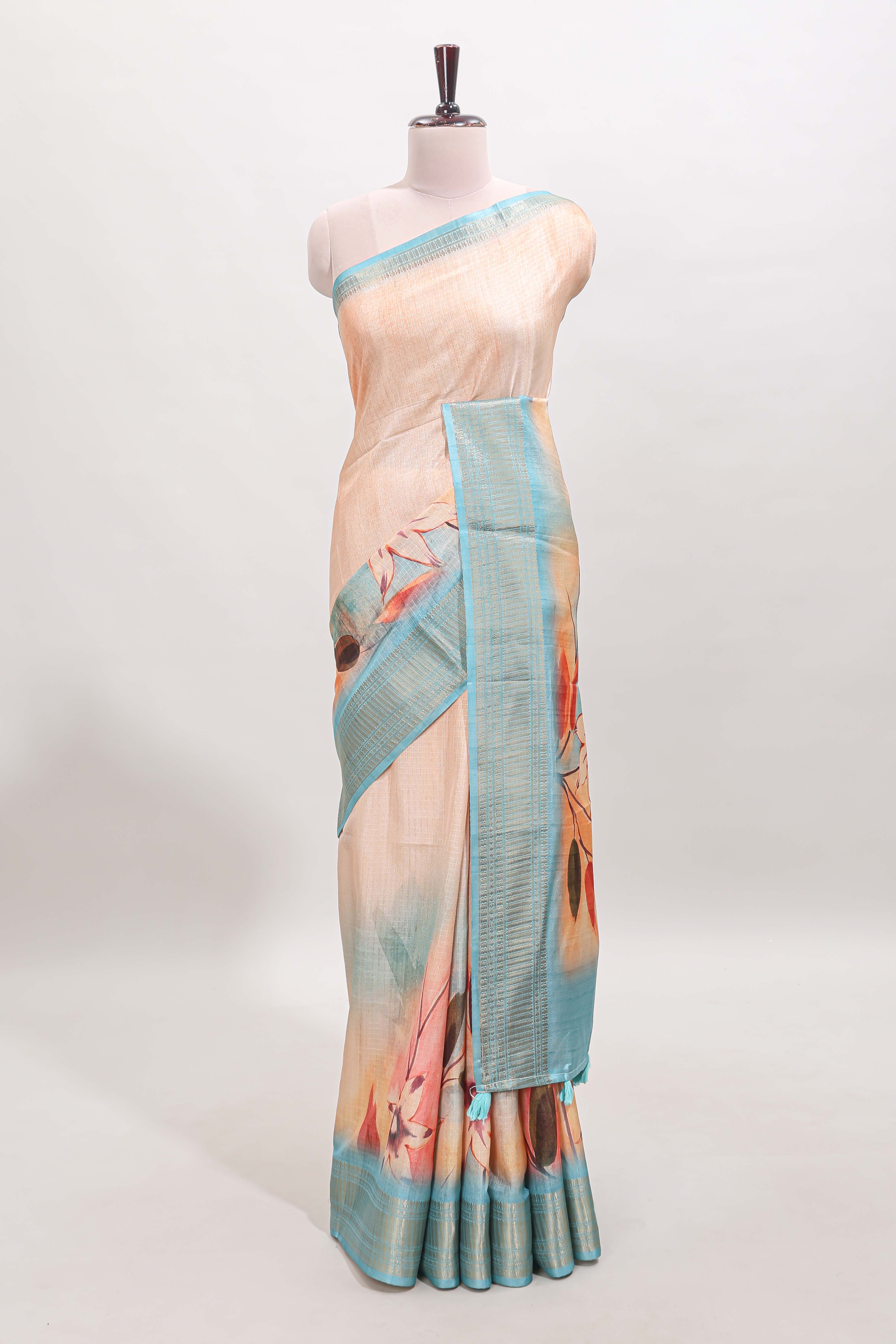 Sandal checked floral design dola silk saree with contrast zari border and matching blouse