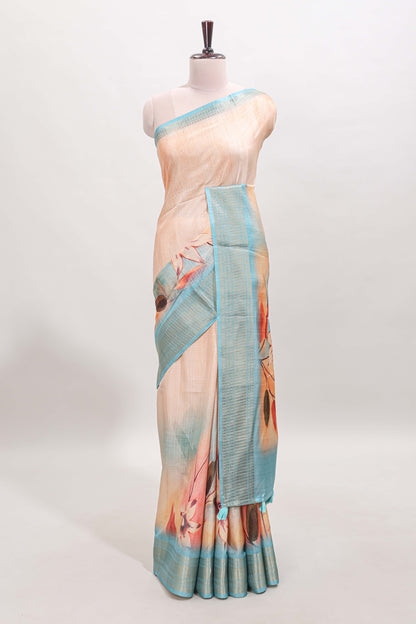 Sandal checked floral design dola silk saree with contrast zari border and matching blouse