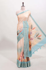 Sandal checked floral design dola silk saree with contrast zari border and matching blouse