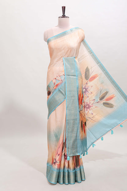 Sandal checked floral design dola silk saree with contrast zari border and matching blouse