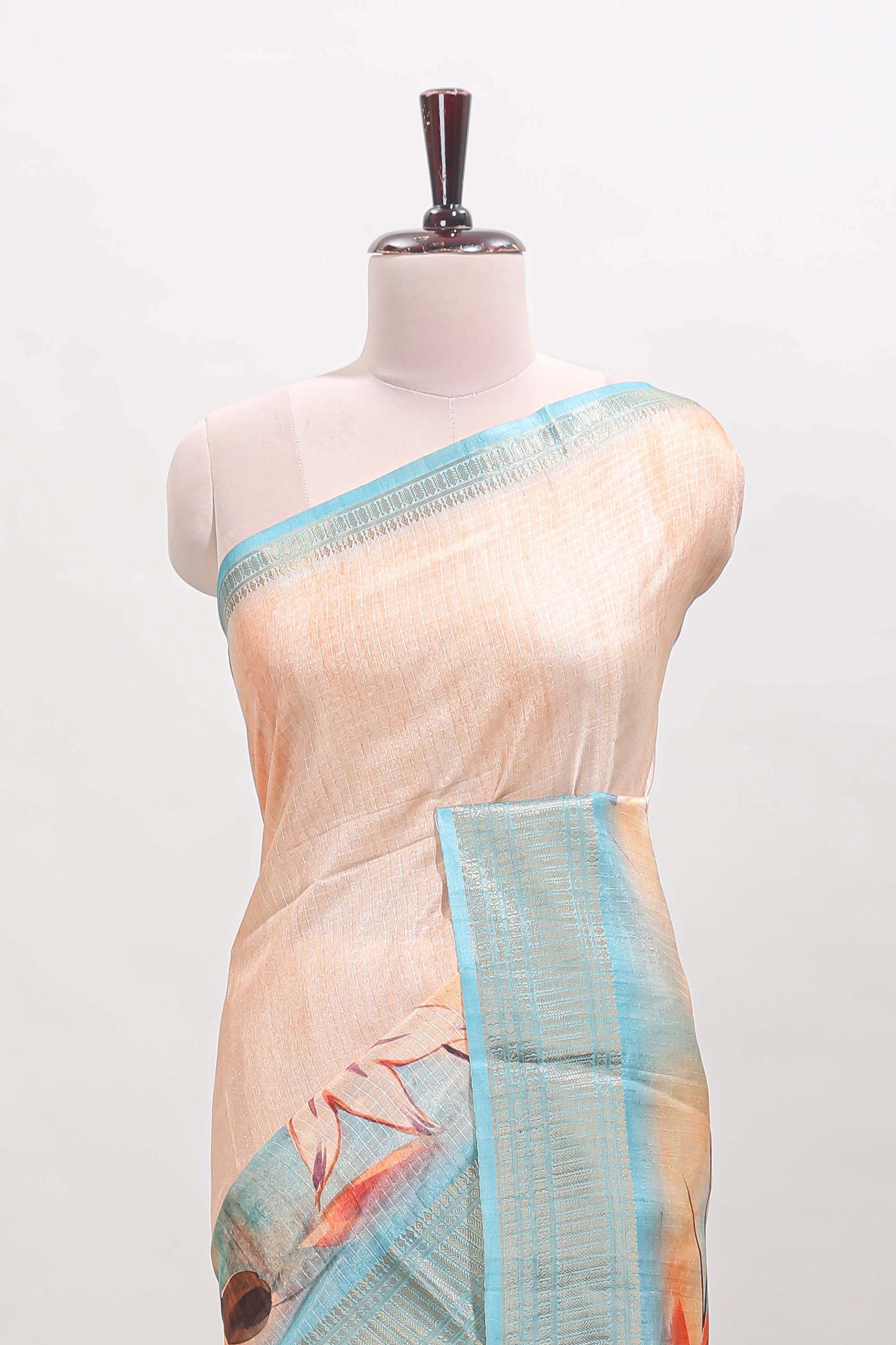 Sandal checked floral design dola silk saree with contrast zari border and matching blouse