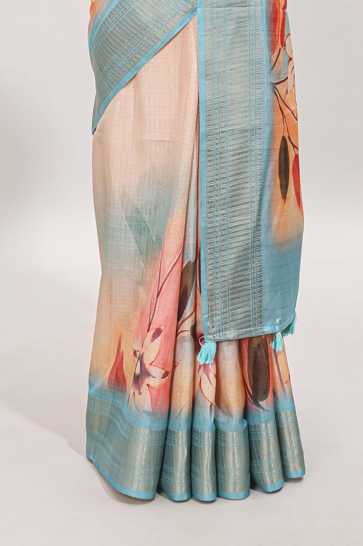 Sandal checked floral design dola silk saree with contrast zari border and matching blouse