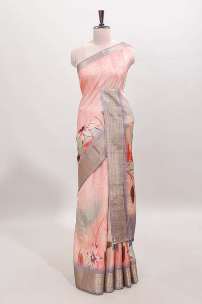 Pink checked floral design dola silk saree with contrast zari border and matching blouse