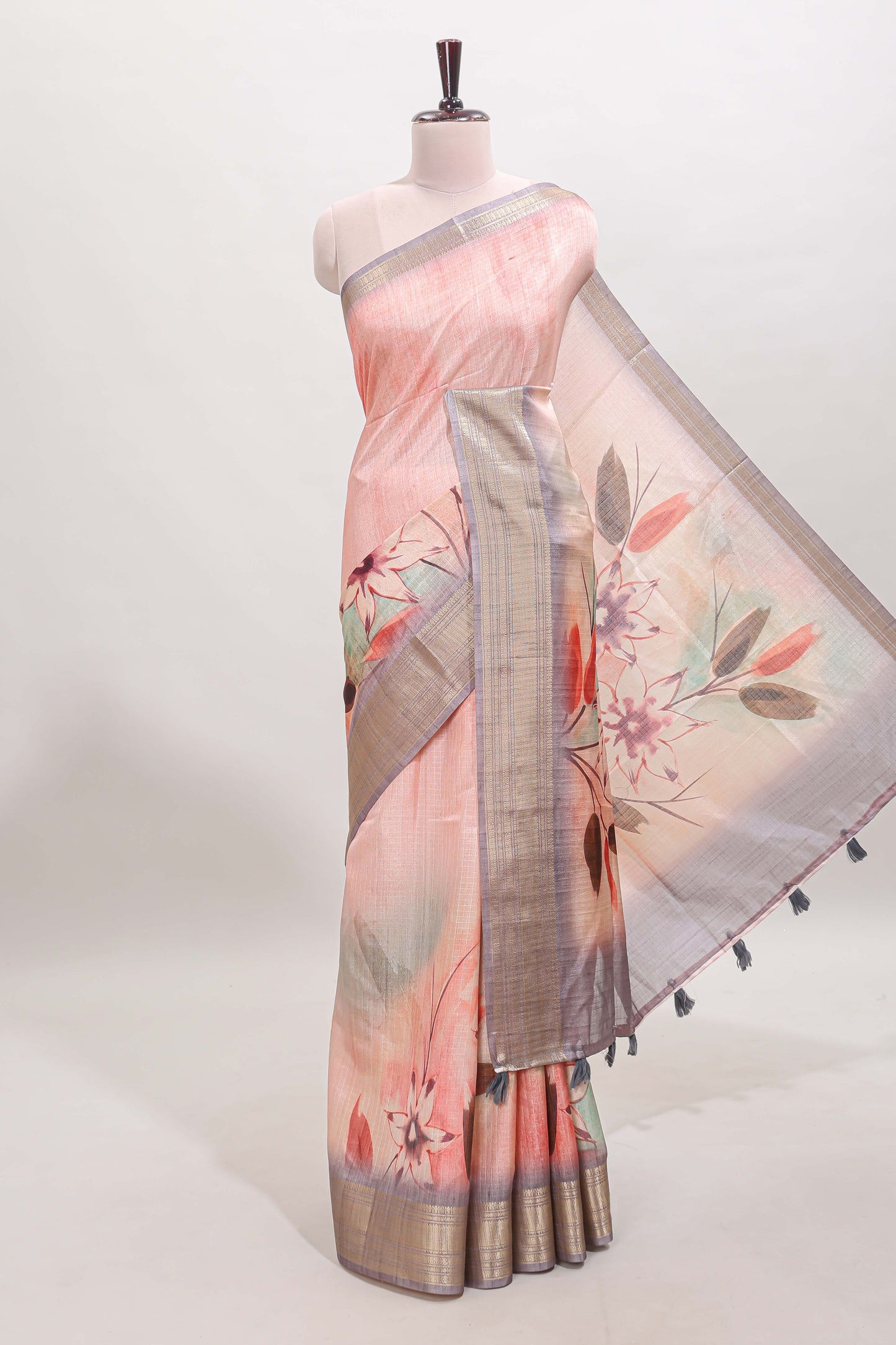 Pink checked floral design dola silk saree with contrast zari border and matching blouse