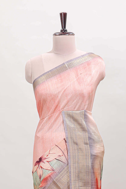 Pink checked floral design dola silk saree with contrast zari border and matching blouse