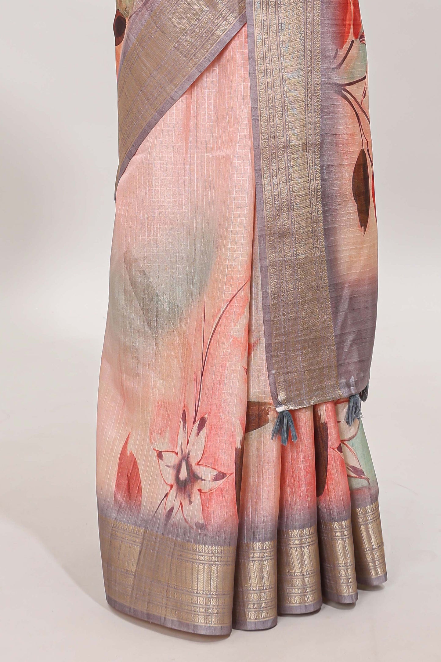 Pink checked floral design dola silk saree with contrast zari border and matching blouse