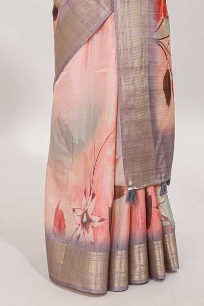 Pink checked floral design dola silk saree with contrast zari border and matching blouse