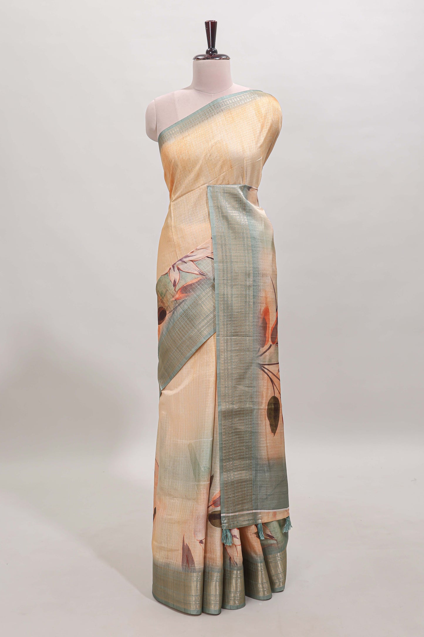 Mustard checked floral design dola silk saree with contrast zari border and matching blouse