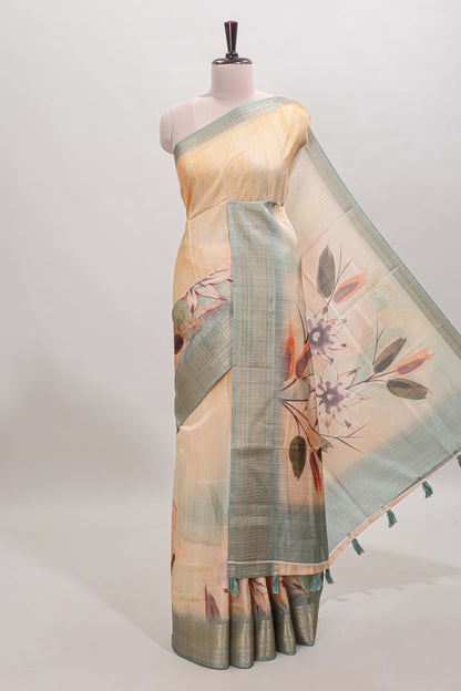 Mustard checked floral design dola silk saree with contrast zari border and matching blouse