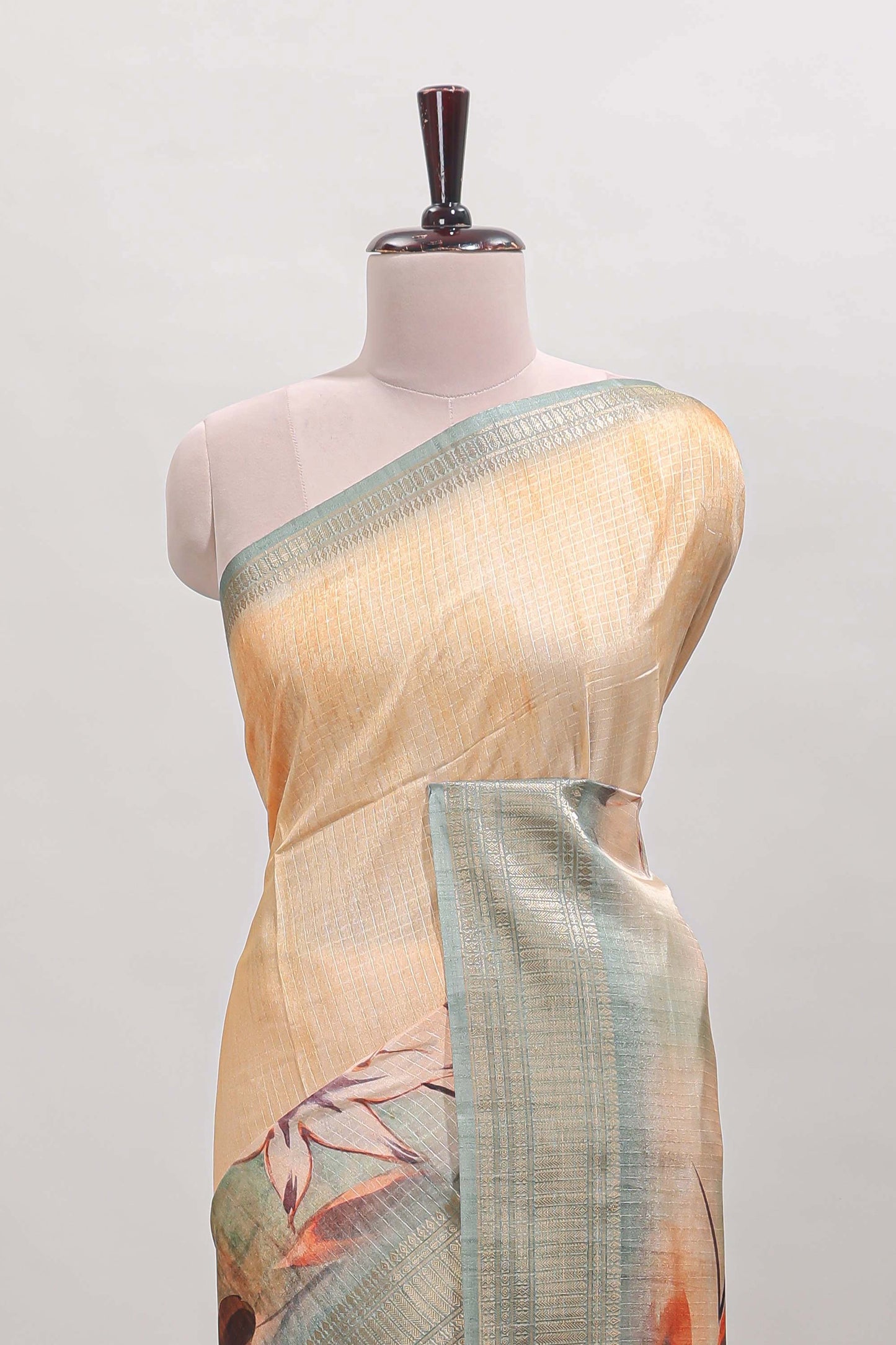 Mustard checked floral design dola silk saree with contrast zari border and matching blouse