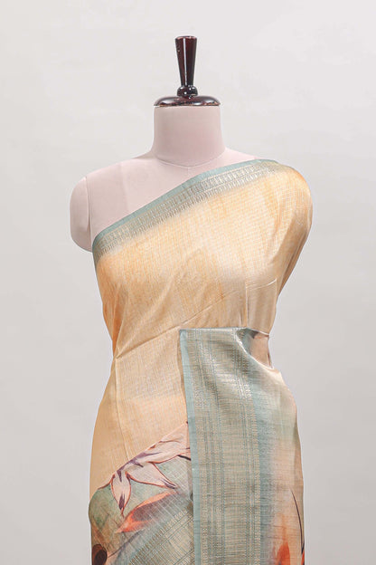 Mustard checked floral design dola silk saree with contrast zari border and matching blouse