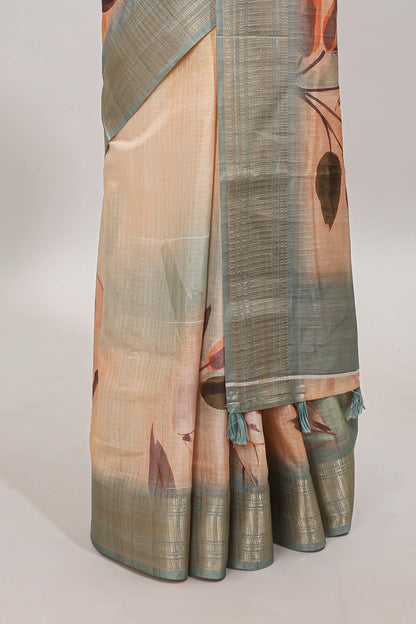 Mustard checked floral design dola silk saree with contrast zari border and matching blouse