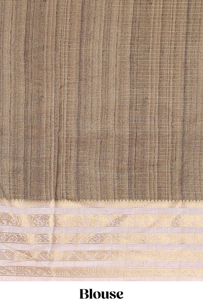 Olive green dola silk saree featuring geometric block print and contrast zari border