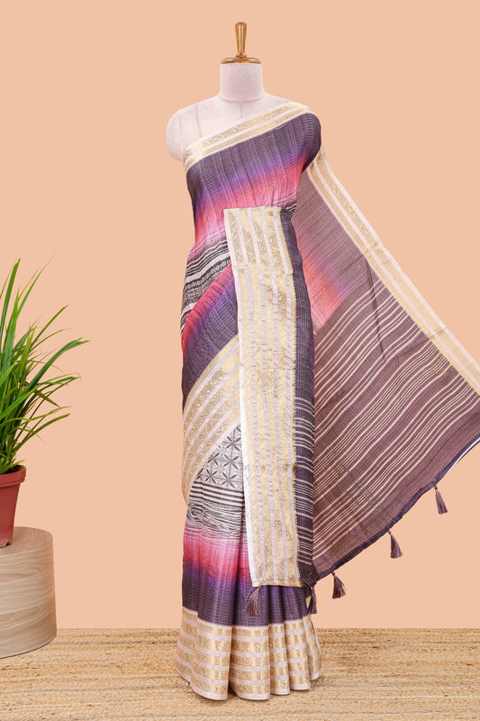 Lavender dola silk saree featuring geometric block print and contrast zari border