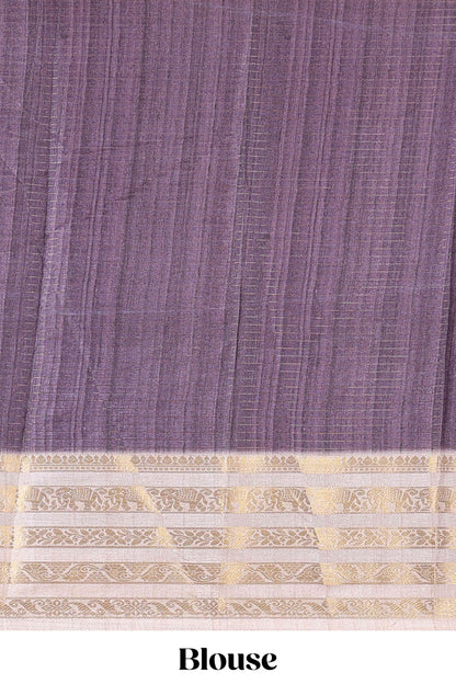 Lavender dola silk saree featuring geometric block print and contrast zari border