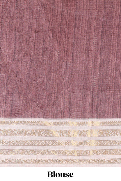 Brown dola silk saree featuring geometric block print and contrast zari border