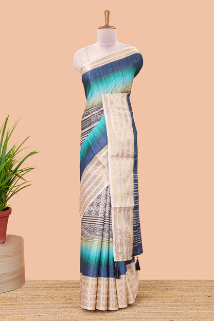 Blue dola silk saree featuring geometric block print and contrast zari border