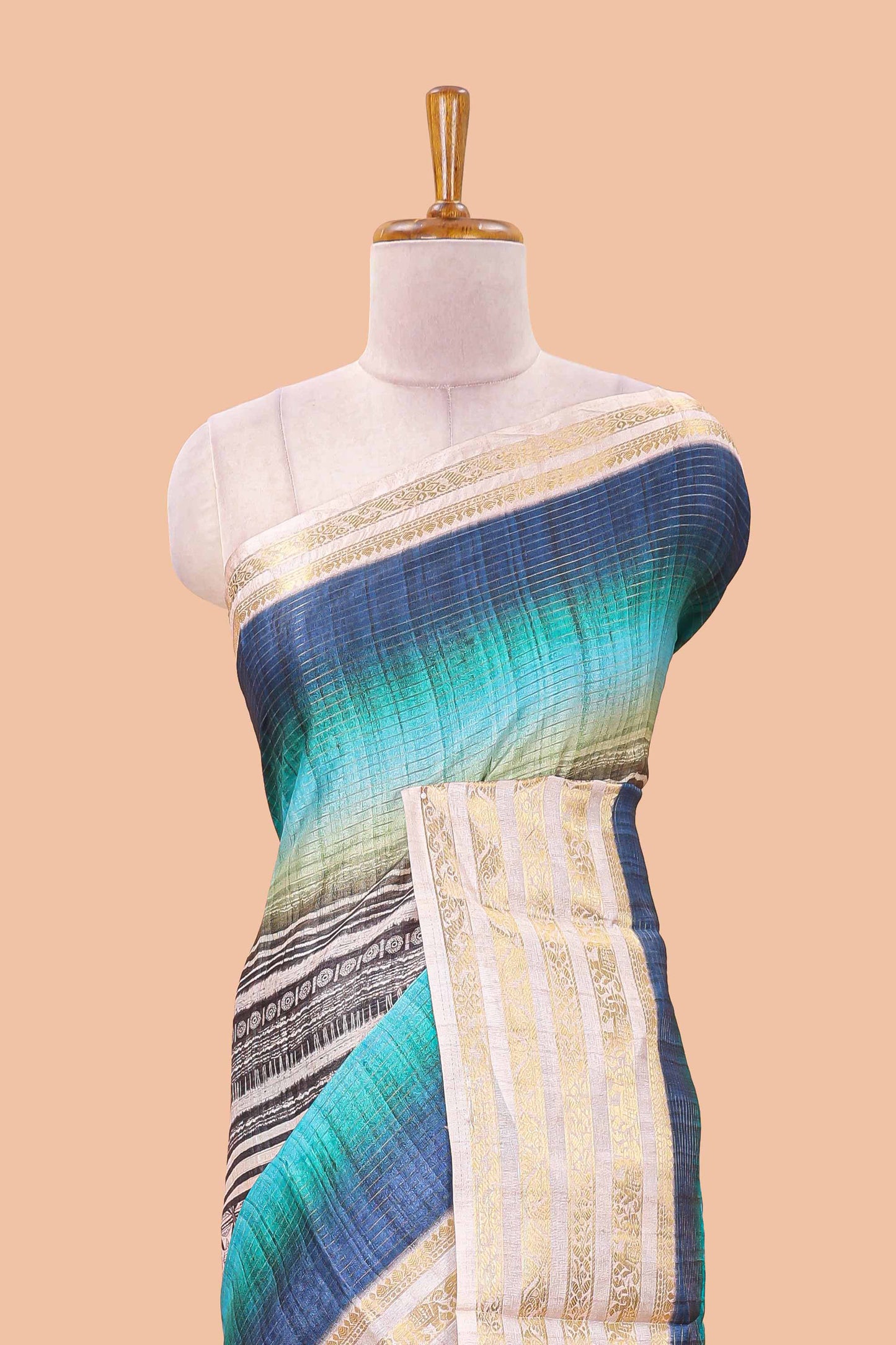 Blue dola silk saree featuring geometric block print and contrast zari border