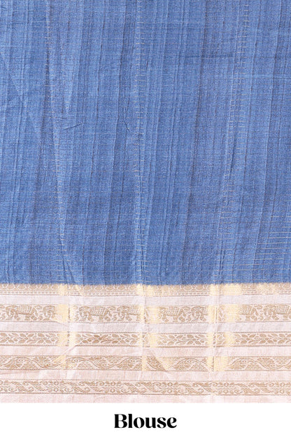 Blue dola silk saree featuring geometric block print and contrast zari border