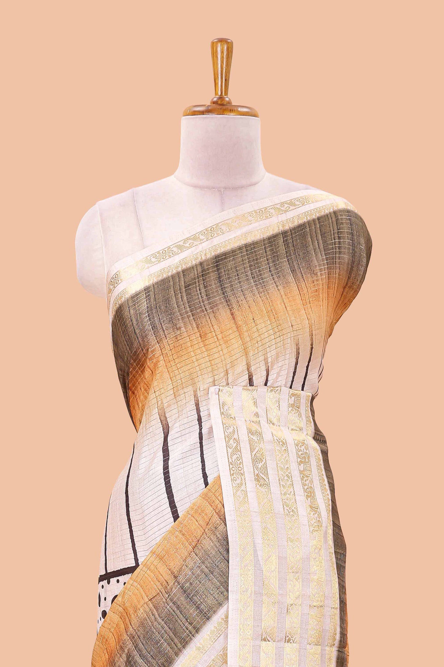 Olive green dola silk saree featuring dot striped design and contrast zari border