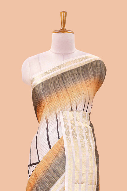 Olive green dola silk saree featuring dot striped design and contrast zari border