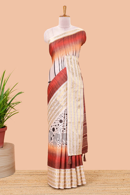 Red dola silk saree featuring dot striped design and contrast zari border