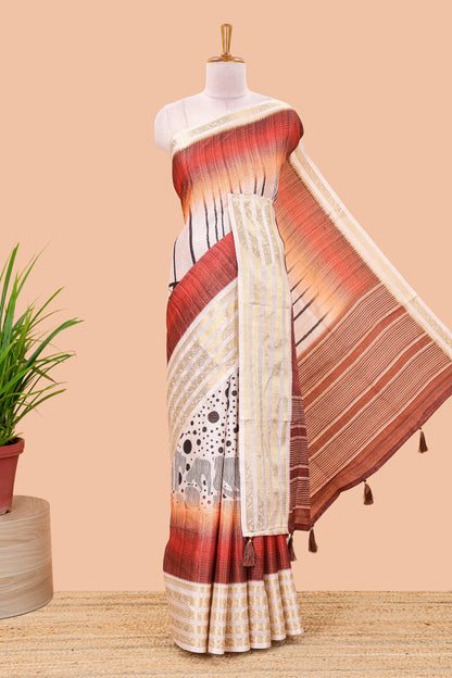 Red dola silk saree featuring dot striped design and contrast zari border
