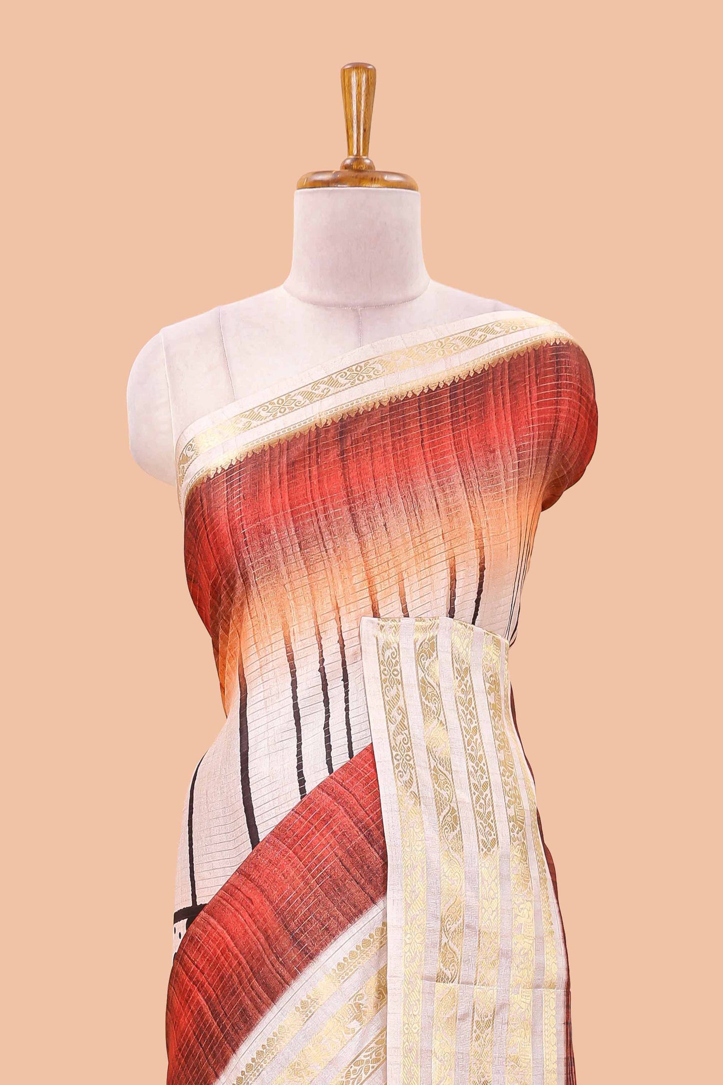 Red dola silk saree featuring dot striped design and contrast zari border