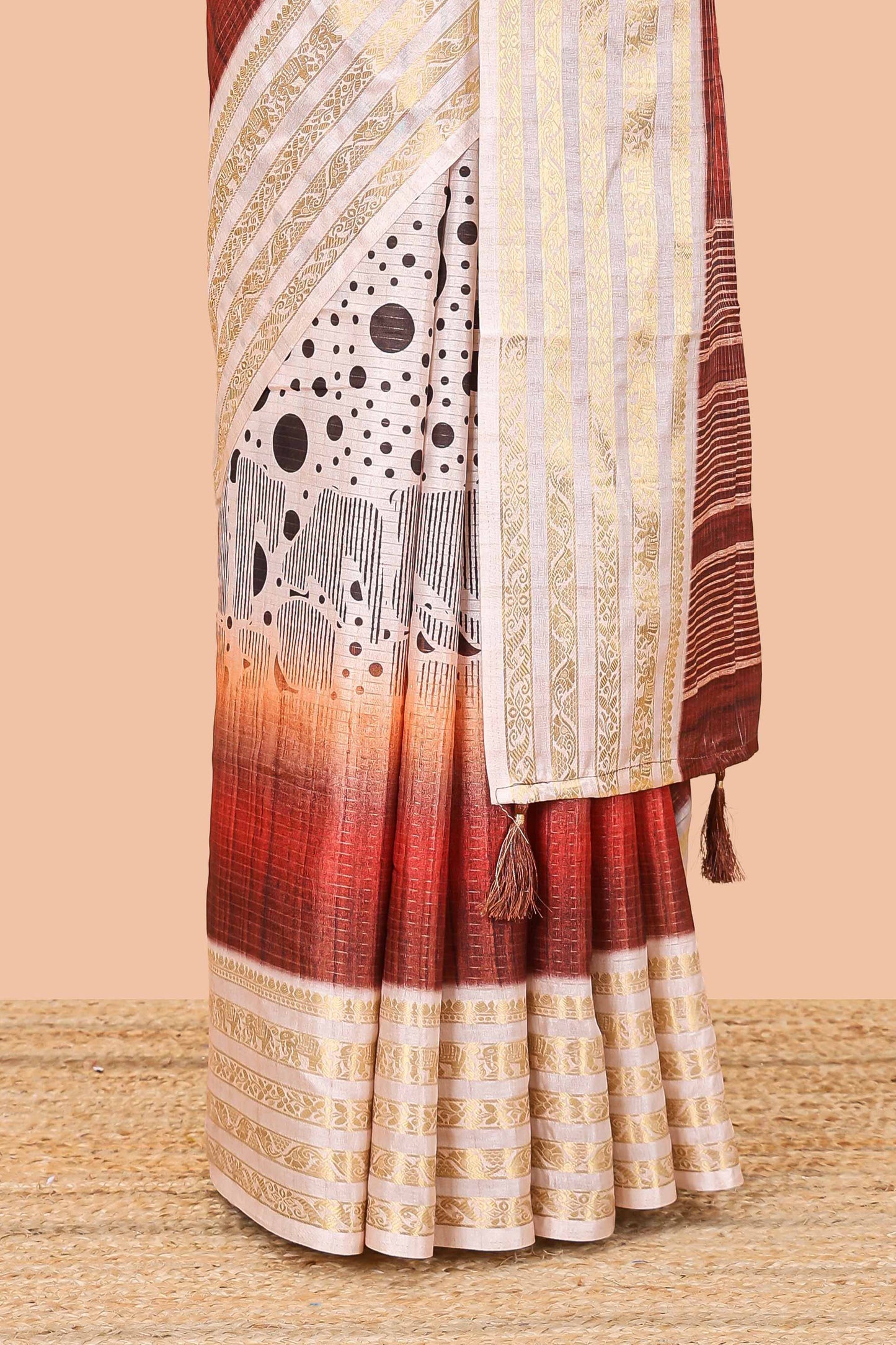Red dola silk saree featuring dot striped design and contrast zari border