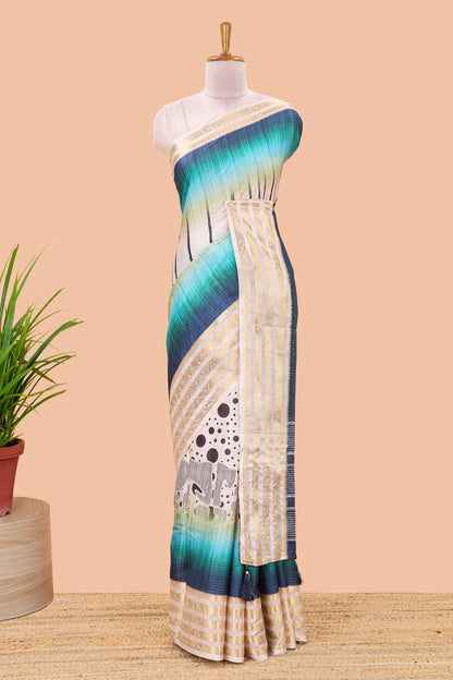 Blue dola silk saree featuring dot striped design and contrast zari border