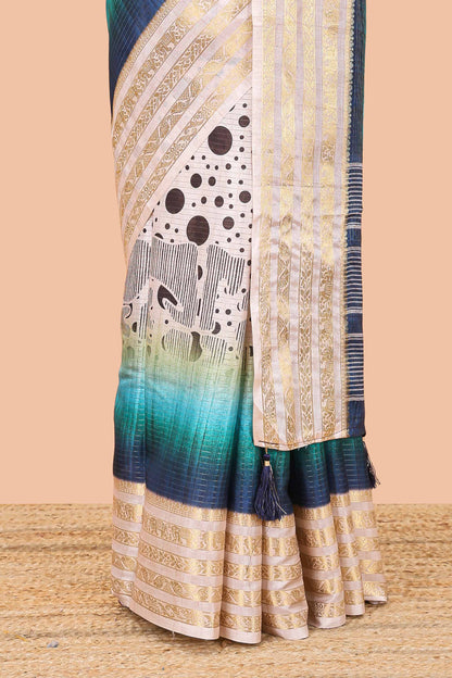 Blue dola silk saree featuring dot striped design and contrast zari border