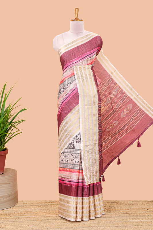 Maroon dola silk saree featuring monochrome fusion print and contrast zari border