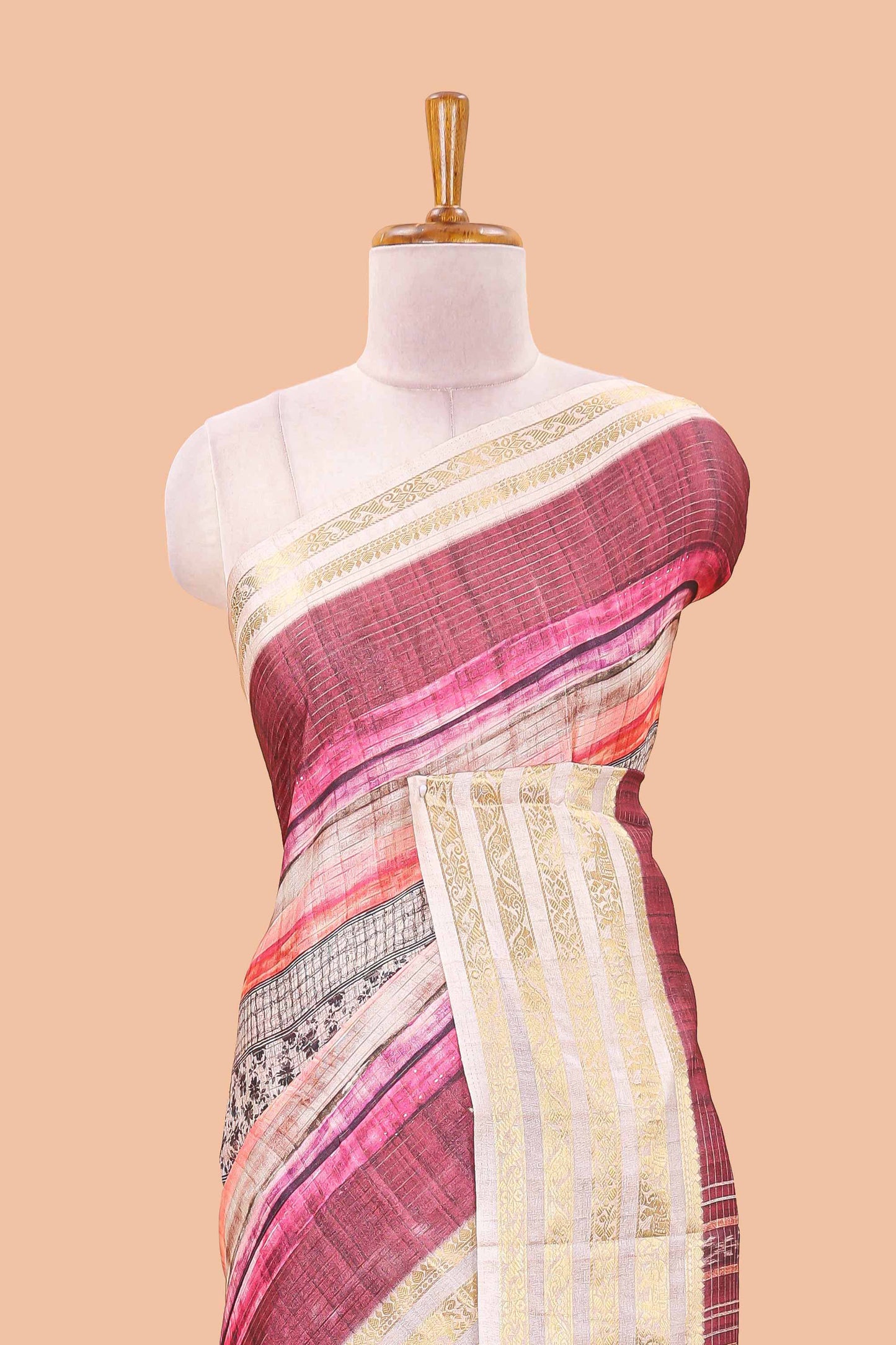 Maroon dola silk saree featuring monochrome fusion print and contrast zari border