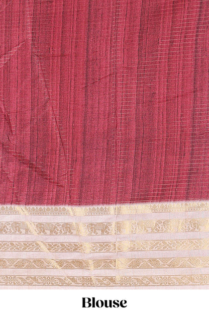 Maroon dola silk saree featuring monochrome fusion print and contrast zari border