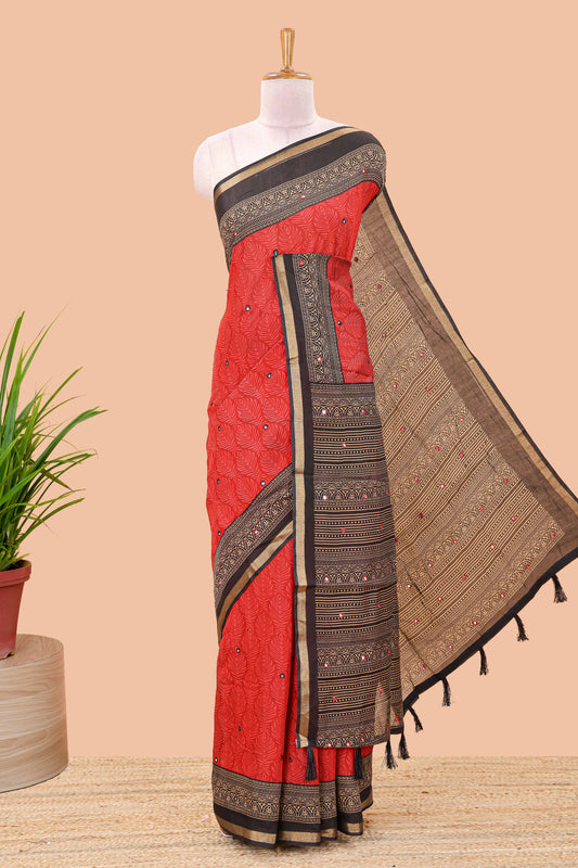 Red chanderi cotton saree with all over peacock feather print, mirror work, contrast border and pallu