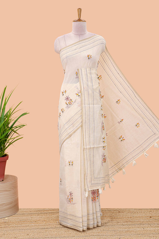 Cream chanderi cotton saree with warli art embroidered body and vertical stitched pallu
