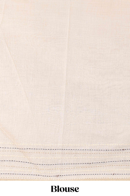 Cream chanderi cotton saree with warli art embroidered body and vertical stitched pallu